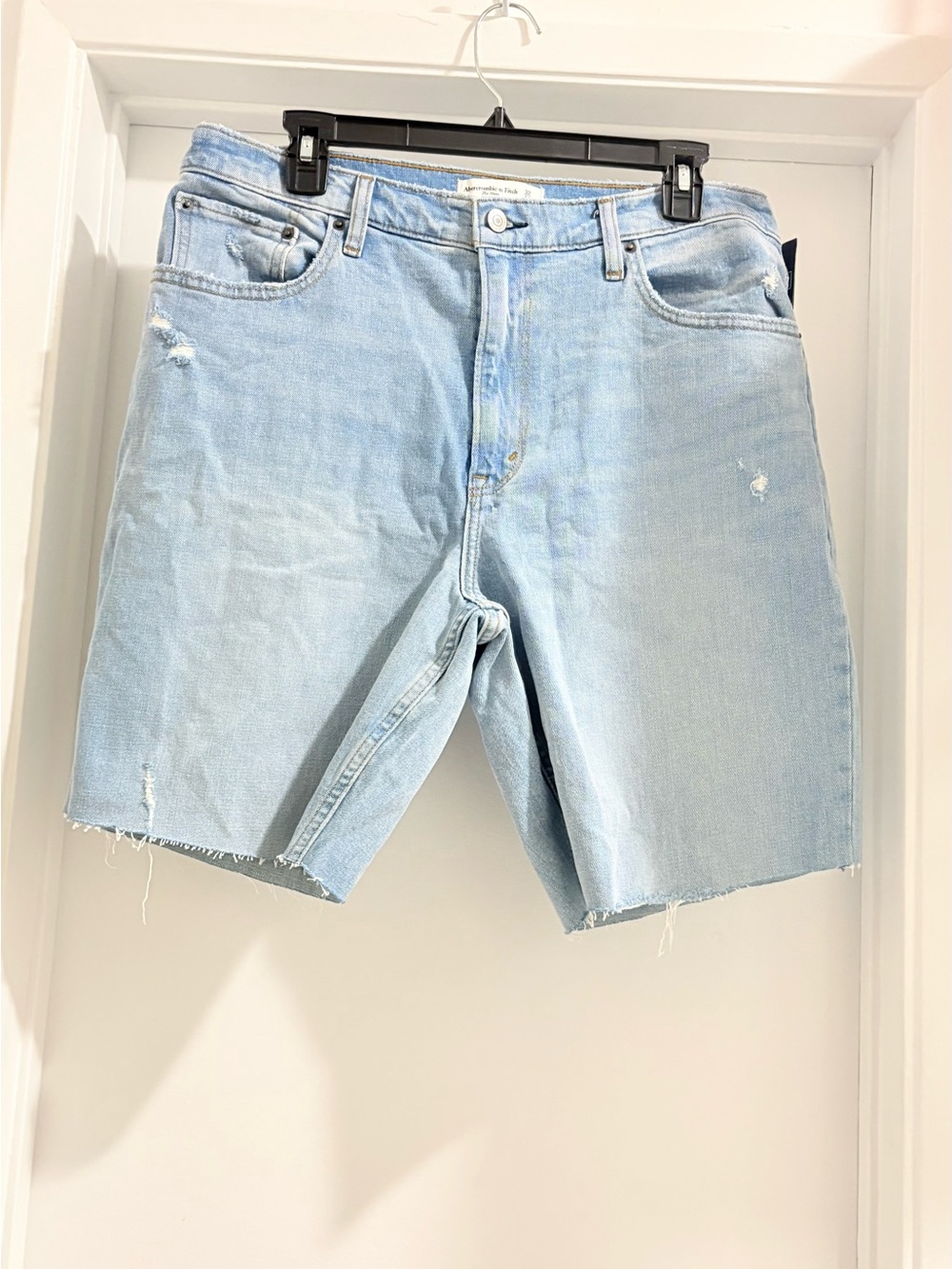 Abercrombie & Fitch The Mom High Rise Light Wash Distressed Denim Shorts